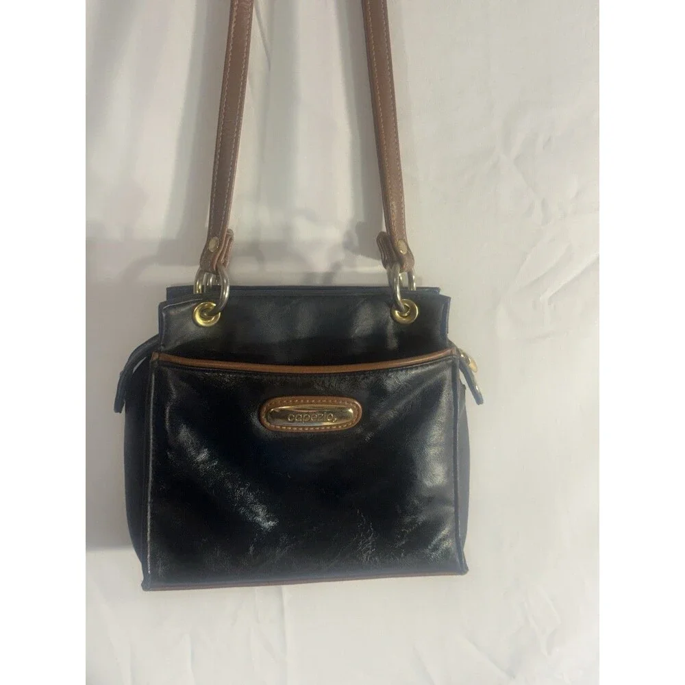 Vintage Capezio Faux Leather Crossbody Shoulder Bag Purse black w/Brown Trim